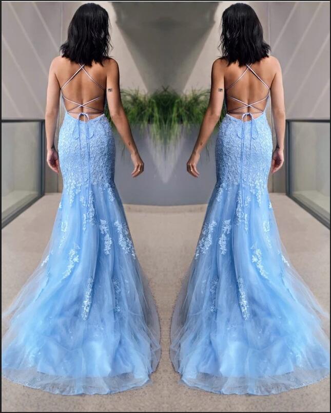 Sky Blue Elegant Halter Mermaid Prom Dress Lace Appliques Long Party Gowns