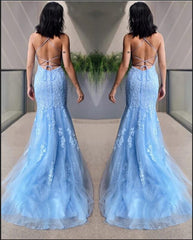 Sky Blue Elegant Halter Mermaid Prom Dress Lace Appliques Long Party Gowns