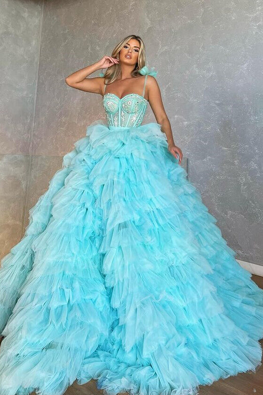 Spaghetti-Strap Sweetheart Ball Gown Tulle Prom Dress with Appliques Layer