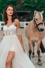 Wedding Dress with Detachable Spaghetti Straps and Lace Split