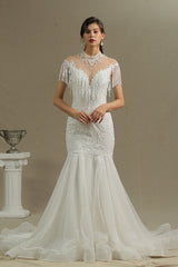 Mermaid Wedding Dress with High Neckline, Beaded Tassel Details