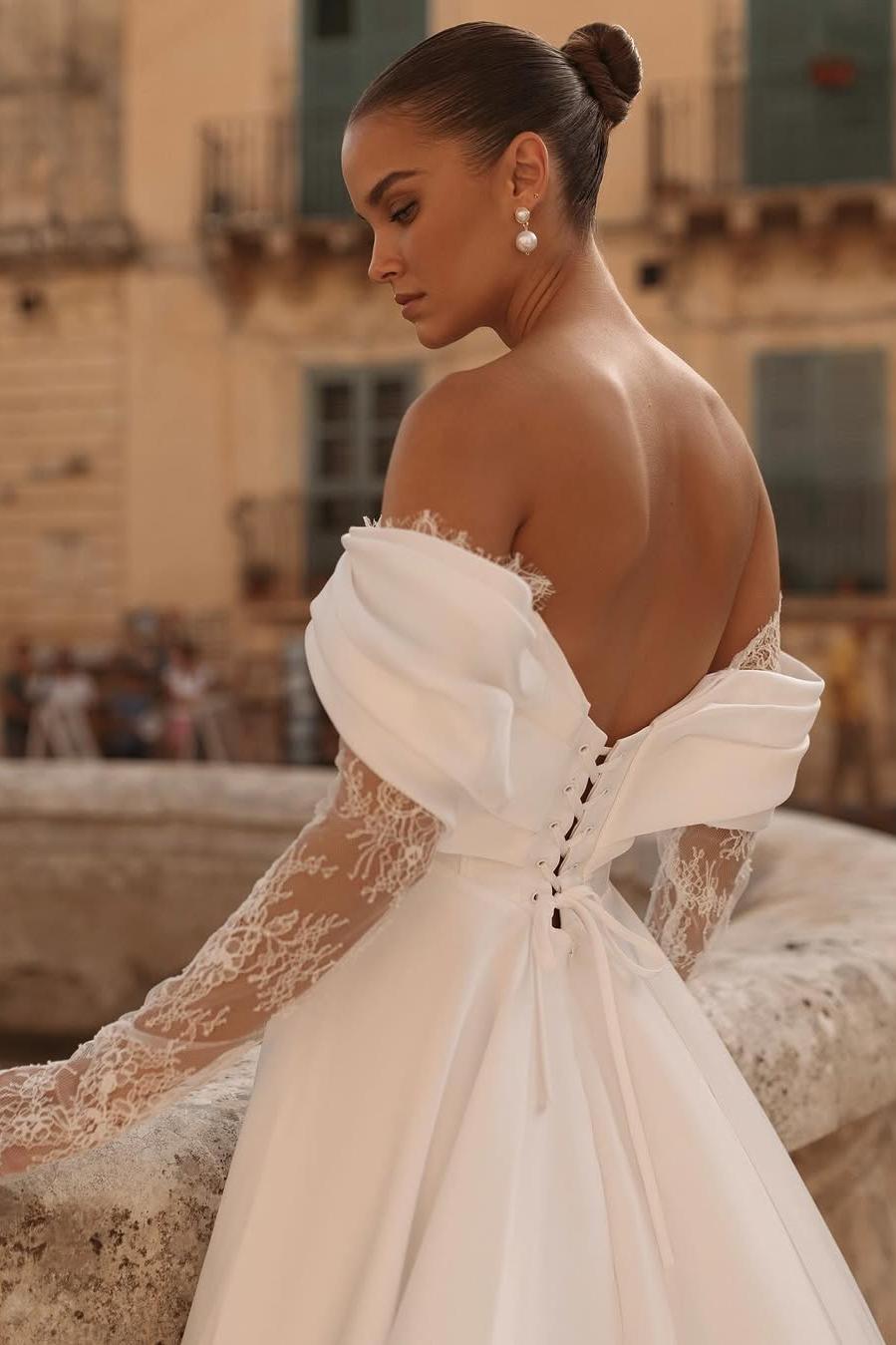 Elegant White Satin Off-the-Shoulder Gown with Long Lace Sleeves and Side Split