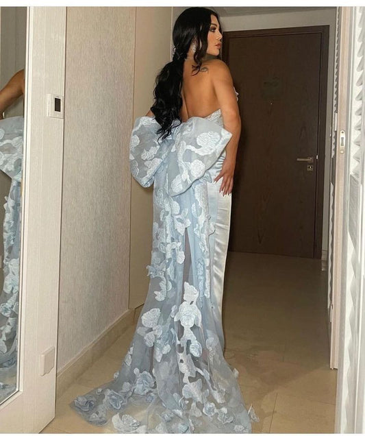 Fabulous Sky Blue Strapless Prom Dress Mermaid Lace Long With Bowknot Back