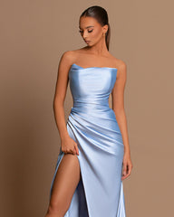 Light Blue Evening Dress Off-the-Shoulder Pleated Slit Ball Gown