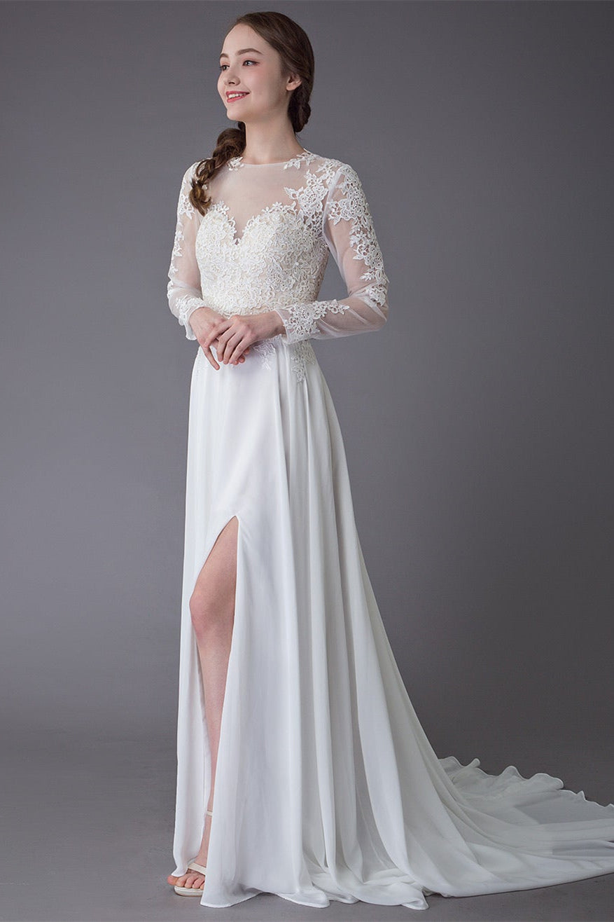 Wedding Dress with Long Lace Sleeves and Slit