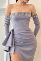 Gorgeous Detachable Sleeves Mermaid Prom Dress Long Slit With Tassels