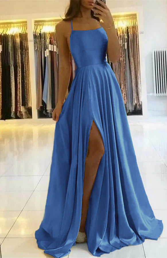 Sage Green Spaghetti-Straps Prom Dress Long Pleated with Slit