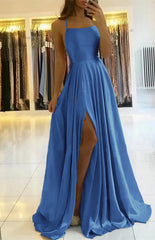  Sage Green Spaghetti-Straps Prom Dress Long Pleated with Slit