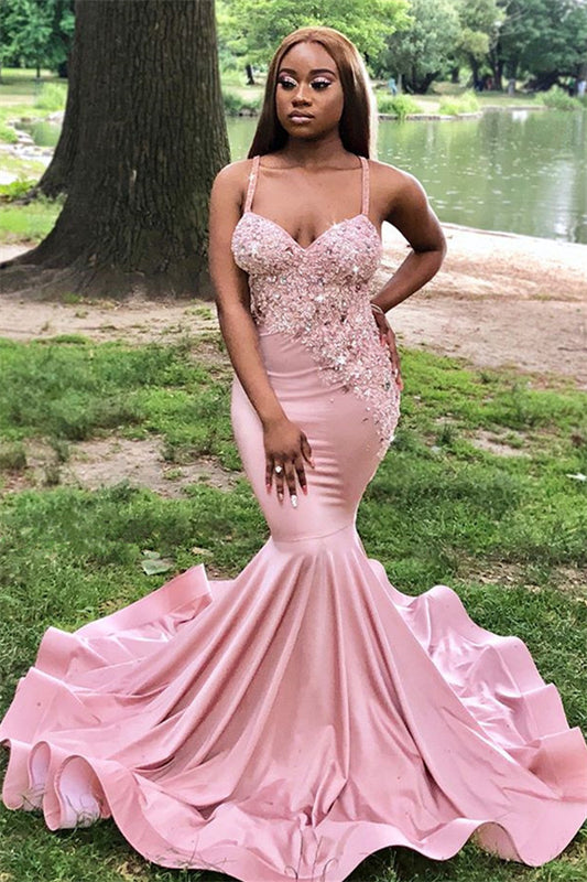 Charming Spaghetti-Straps Pink Mermaid Prom Dresses Lace Appliques Online