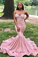 Charming Spaghetti-Straps Pink Mermaid Prom Dresses Lace Appliques Online
