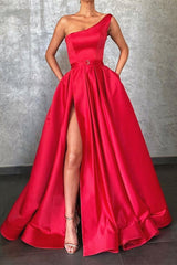Gorgeous One Shoulder Red Prom Dress Split With Pockets