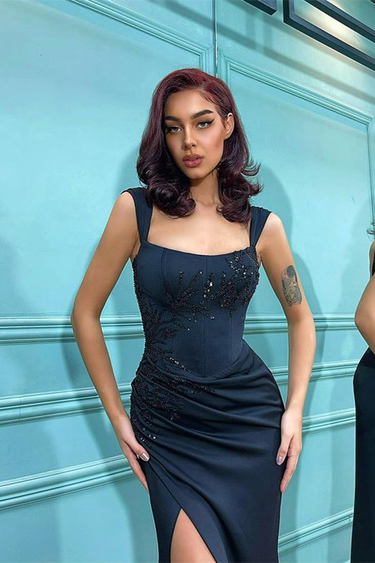 Modern Black Straps Mermaid Prom Dress Long With Split Beadings