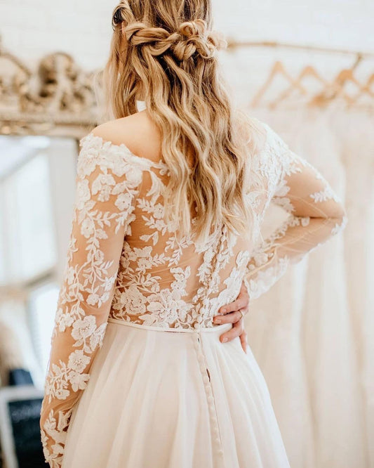 Elegant Off-the-Shoulder A-Line Wedding Gown with Long Tulle Sleeves and Lace