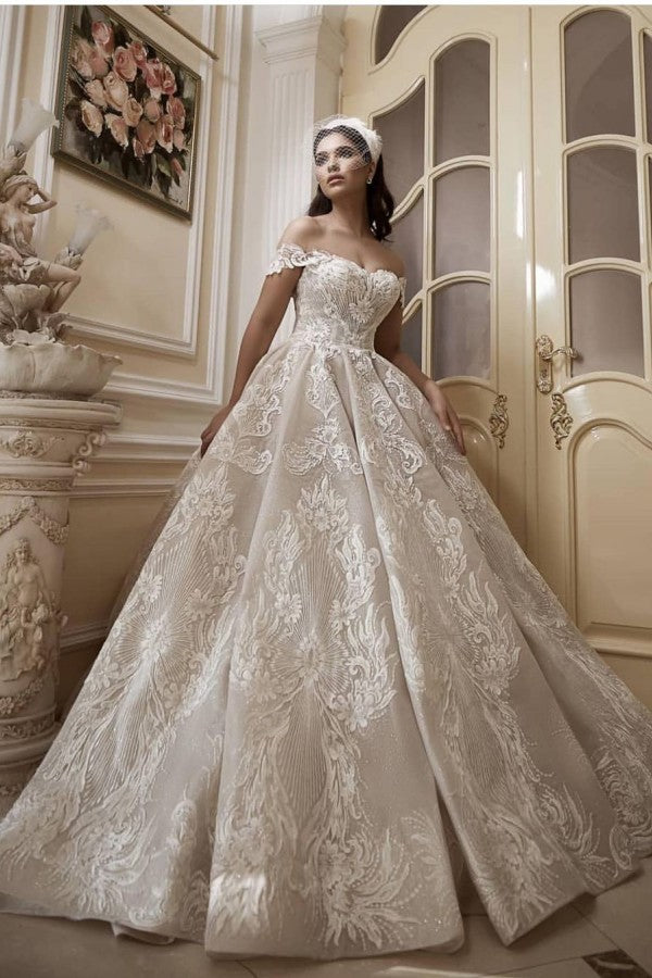 Off-the-Shoulder A-Line Floor-Length Church Wedding Dress with Elegant Appliques Lace