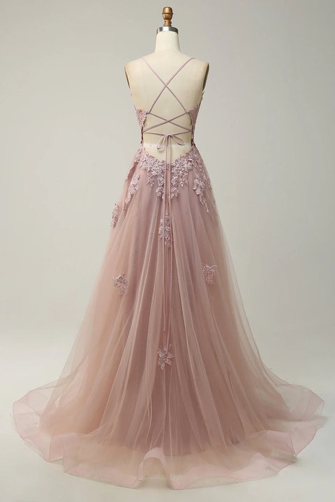 Dusty Pink Spaghetti Strap Tulle V Neck Prom Dress with Lace Appliques