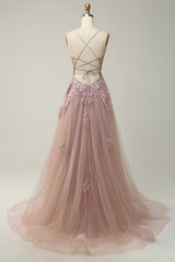 Dusty Pink Spaghetti Strap Tulle V Neck Prom Dress with Lace Appliques