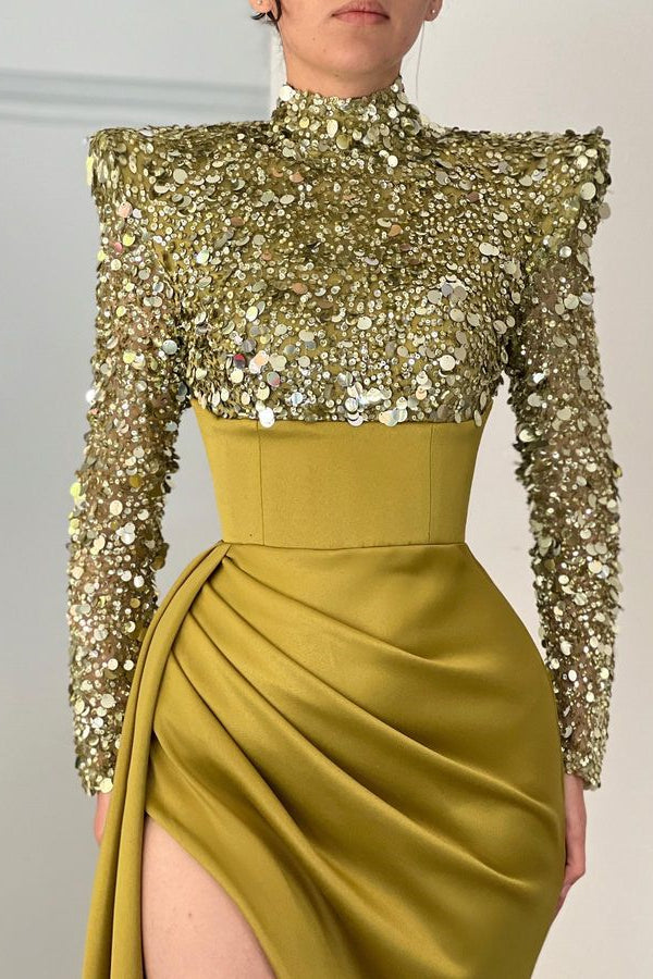Charming Long Sleeves High Neck Prom Dress Mermaid Sequins Beads With Slit