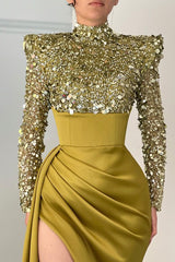 Charming Long Sleeves High Neck Prom Dress Mermaid Sequins Beads With Slit