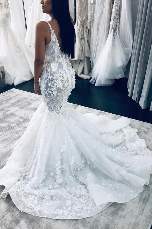 Floral Mermaid V-neck Wedding Dress with Glamorous Beaings Straps