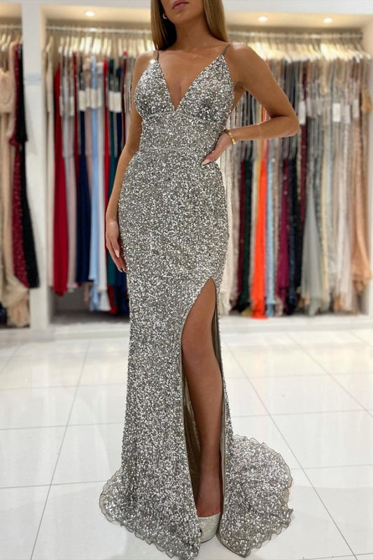 Sexy V-Neck Sleeveless Mermaid Prom Dress Long With Slit