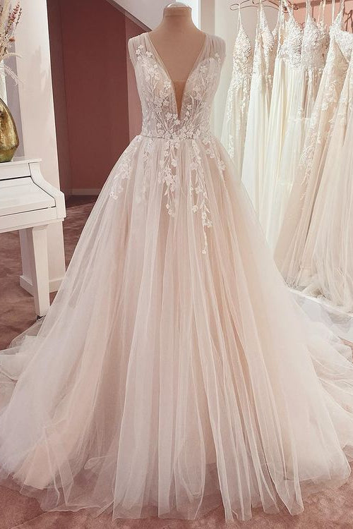 Elegant A-Line Wedding Dress with Wide Straps, Ruffles, and Lace Appliques on Tulle