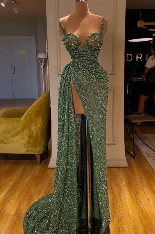 Gorgeous High Split Sequins Beadings Mermaid Prom Dress With Straps