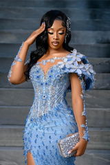 Modern Blue Long Sleeves Mermaid Prom Dress Split Long With Beads Sequins