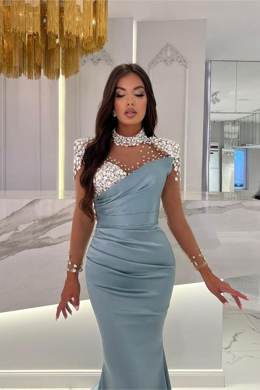 Charmeuse Dusty Blue Prom Dress Long Mermaid Tulle With Beads