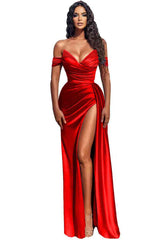 Modern Off-the-Shoulder Dusty Blue Mermaid Prom Dress With Slit