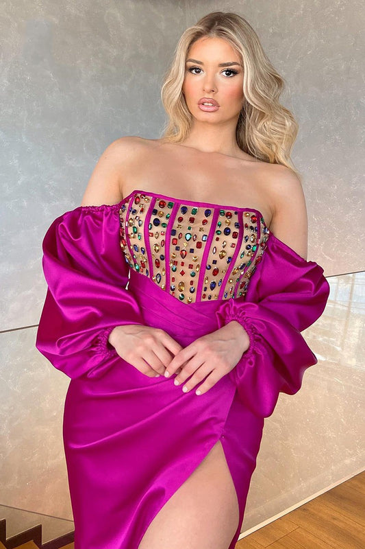 Charming Hot Pink Long Sleeves Mermaid Prom Dress Off-the-Shoulder Split With Crystals