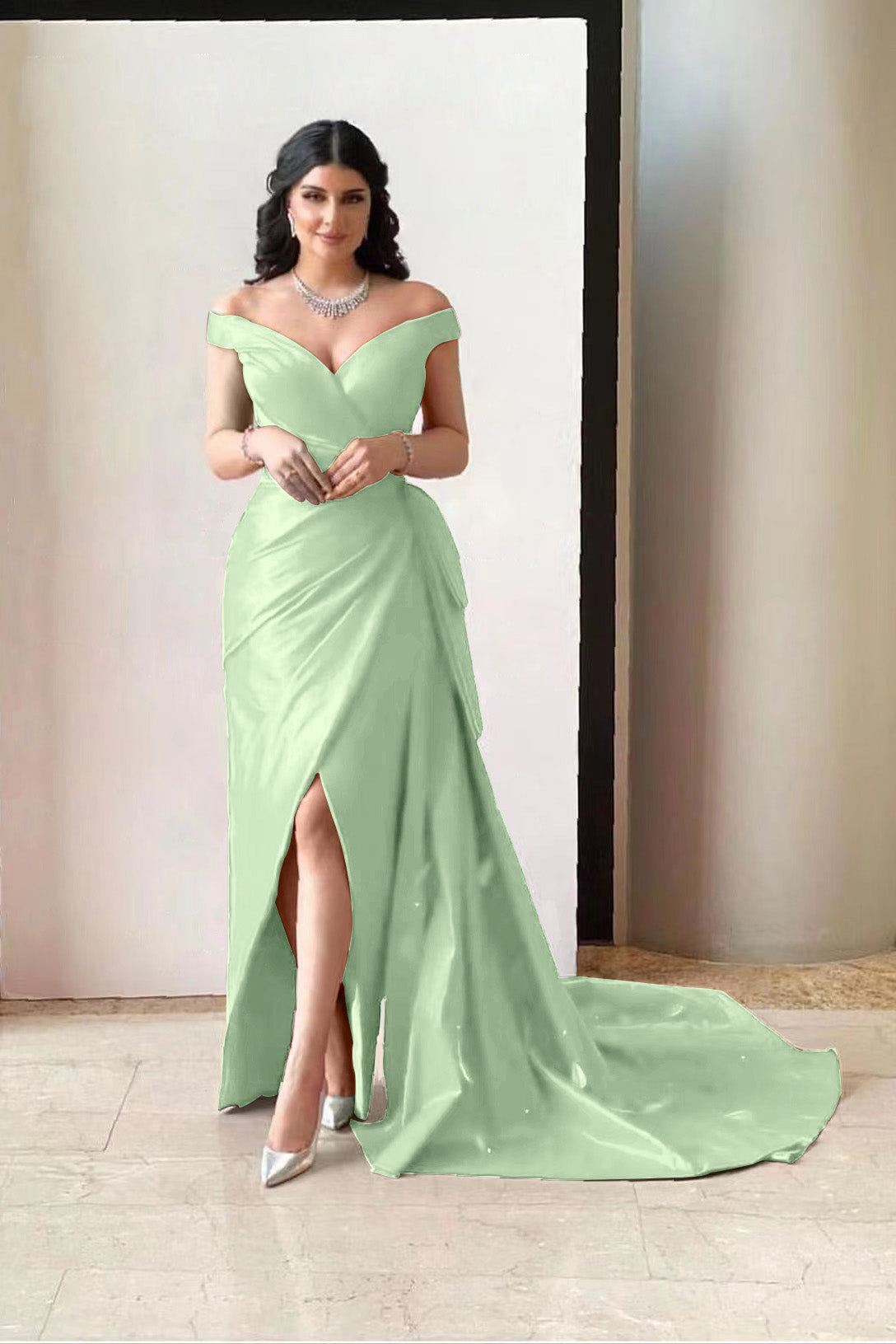 Gorgeous Fuchsia Off-the-Shoulder V-Neck Split Prom Dress with Pleated