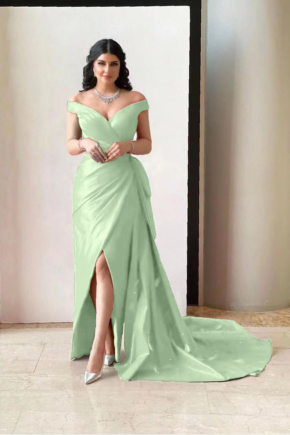 Gorgeous Fuchsia Off-the-Shoulder V-Neck Split Prom Dress with Pleated