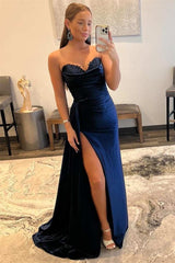 Modern Navy Blue Sweetheart Mermaid Prom Dress Pleats With Split Appliques