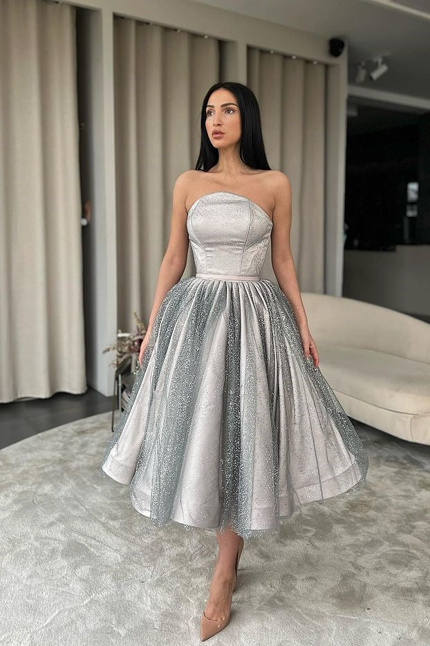 Classy Silver Strapless Tulle Sequins Short Prom Dress On Sale