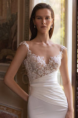 Elegant White Satin Spaghetti Strap Mermaid Wedding Gown with Detachable Train and Applique