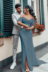 Charmeuse Wedding Gown Featuring an Off-The-Shoulder Neckline and Side Split