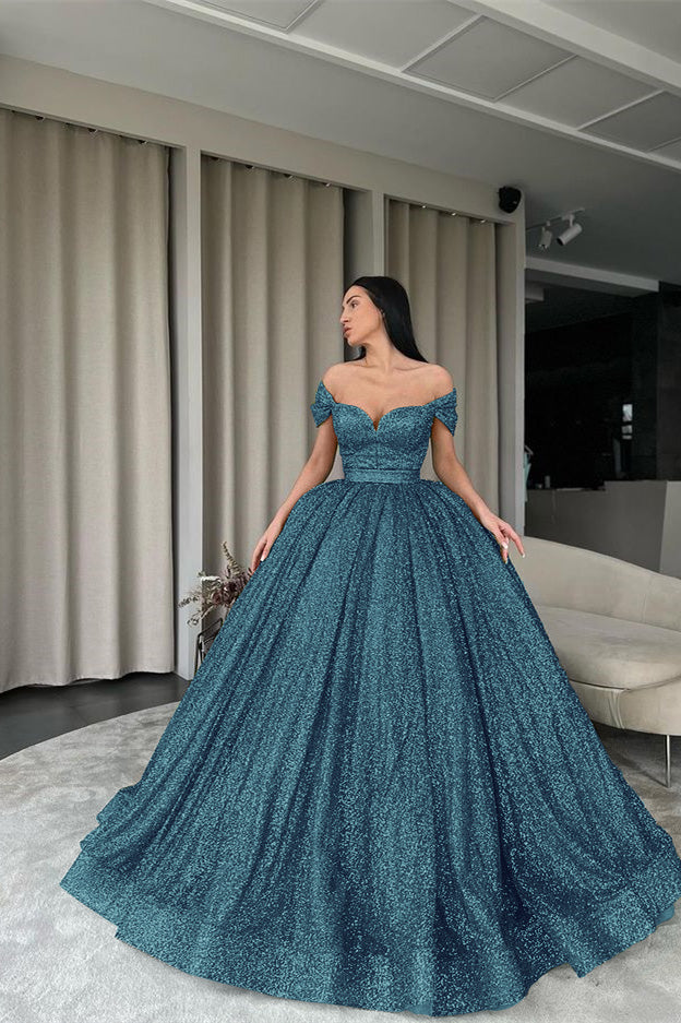 Green Off-the-Shoulder Ball Gown Evening Dress with Sequins