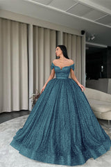 Green Off-the-Shoulder Ball Gown Evening Dress with Sequins