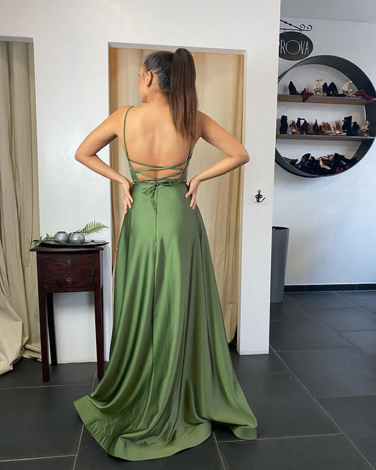 Elegant Spaghetti-Straps Long Prom Dress Split With Pocket