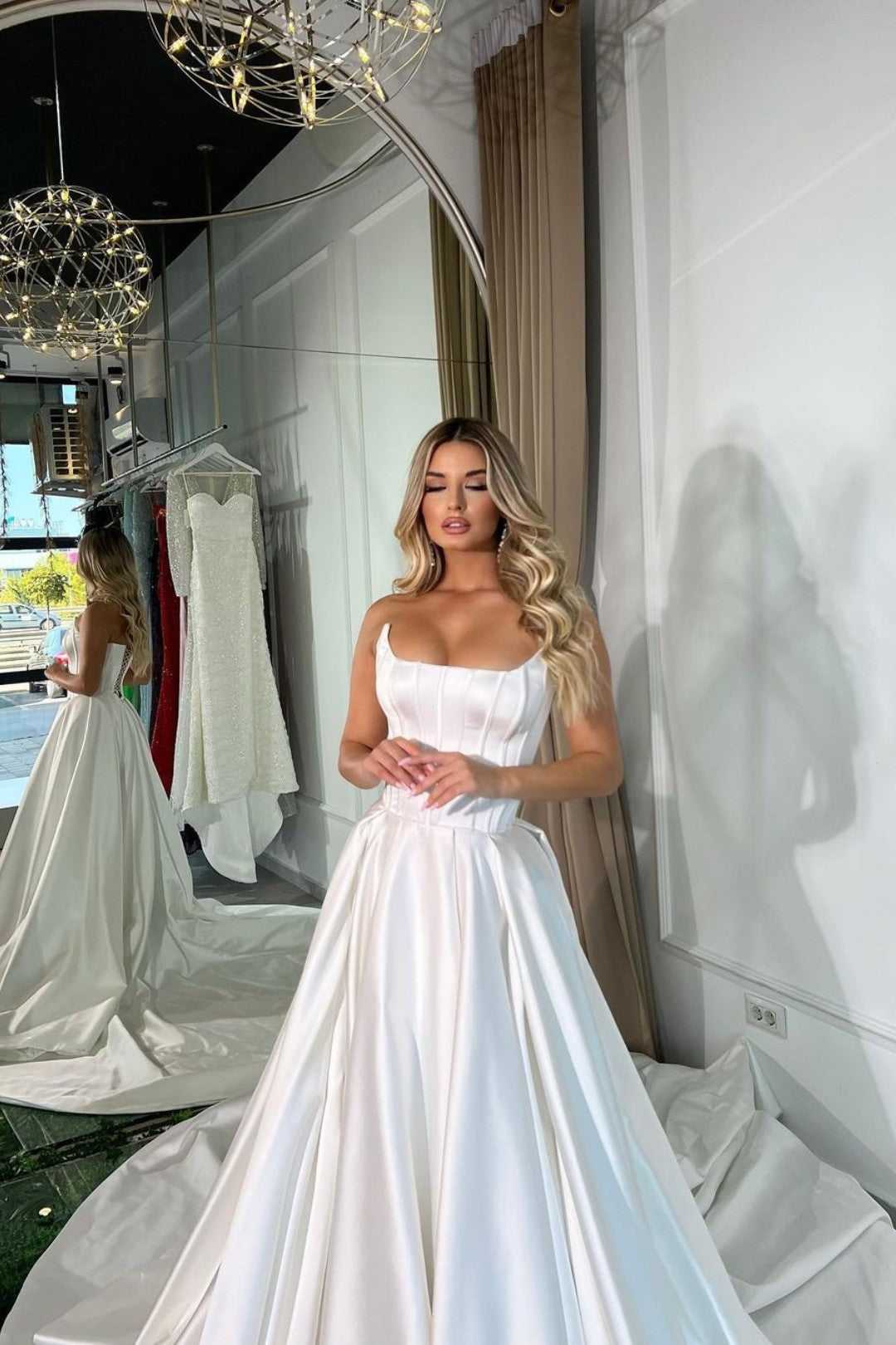 Sleeveless A-Line White Charmeuse Long Wedding Prom Dress