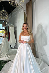 Sleeveless A-Line White Charmeuse Long Wedding Prom Dress