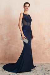 New Arrival Dark Navy Sleeveless Mermaid Prom Dress Long With Appliques