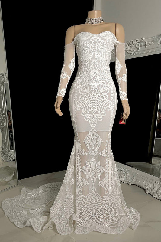Charming White Long Sleeves Mermaid Prom Dress Lace Off-the-Shoulder