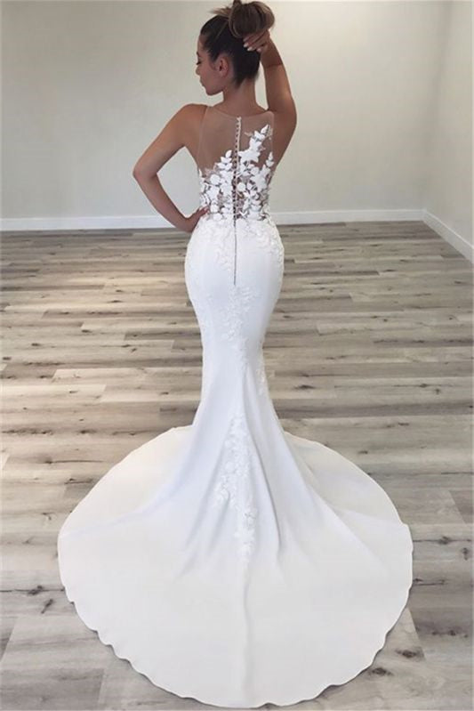 Long Sleeveless Mermaid Wedding Dress with Lace Appliques in Jewel