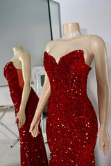 Stunning Red Sweetheart Sequins Prom Dress Mermaid Lace-Up Back