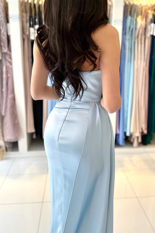 Modern Sky Blue Strapless Sleeveless Mermaid Prom Dress With Split Ruffle