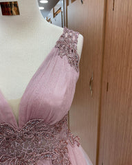Dusty Pink V-Neck Sleeveless Prom Dress Tulle Long with Appliques