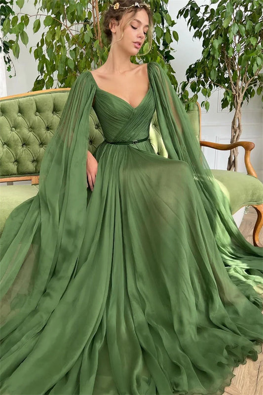 Women Green Ruffles V-neck Long Sleeve Belt Split Prom Dress