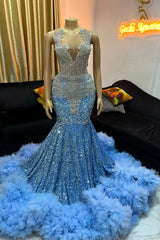 Modern Sky Blue Sleeveless Mermaid Prom Dress Long With Beadings Tulle Ruffles