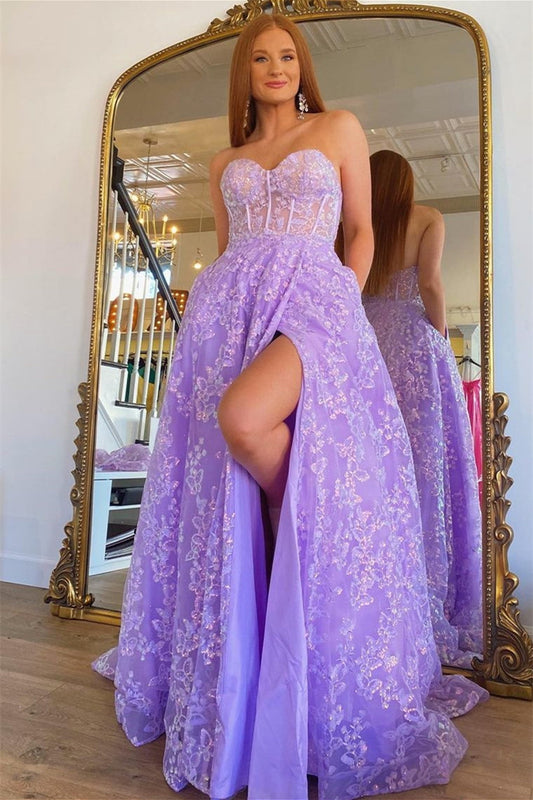 Classic Lilac Sweetheart Prom Dress Split With Appliques Detachable Sleeves